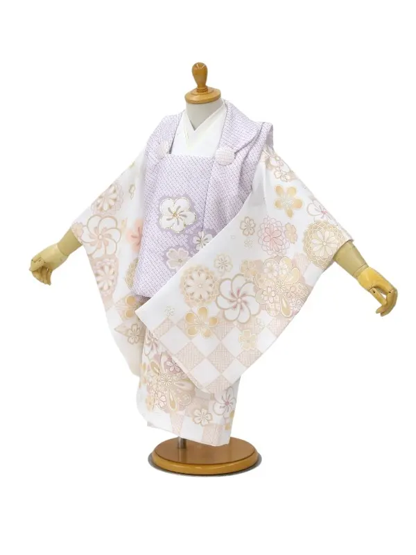 七五三レンタル(2歳女児被布)【陽気な天使】鹿の子柄金駒刺繍/ねじり梅紫×白