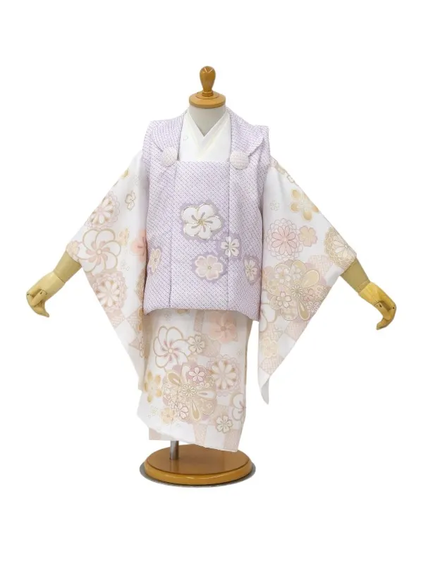七五三レンタル(2歳女児被布)【陽気な天使】鹿の子柄金駒刺繍/ねじり梅紫×白