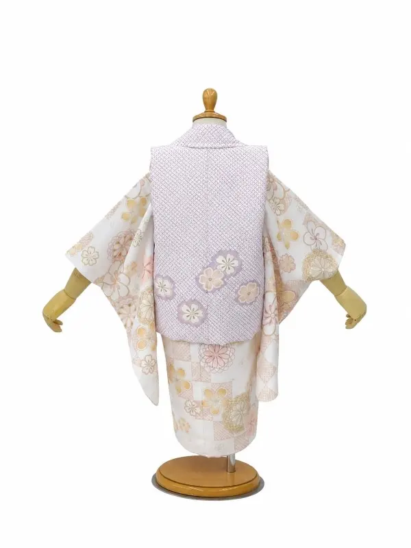 七五三レンタル(2歳女児被布)【陽気な天使】鹿の子柄金駒刺繍/ねじり梅紫×白