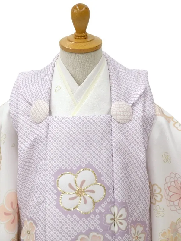 七五三レンタル(2歳女児被布)【陽気な天使】鹿の子柄金駒刺繍/ねじり梅紫×白