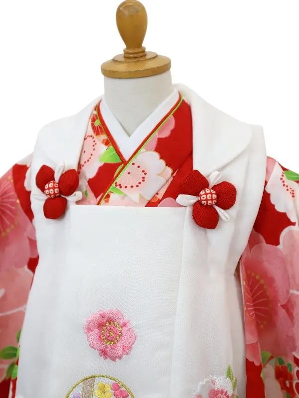 七五三レンタル(3歳女児被布)刺繍・鞠に桜/白×鞠に桜づくし/赤