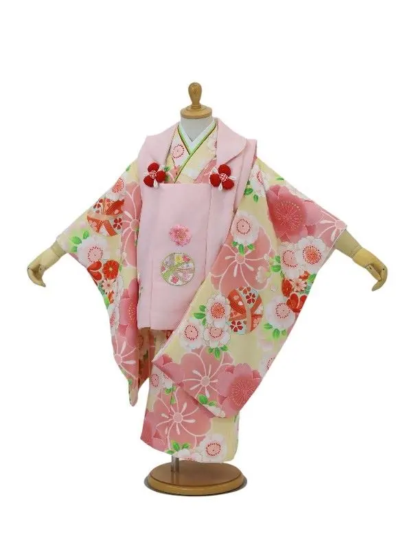 七五三レンタル(3歳女児被布)刺繍・鞠に桜/ピンク×鞠に桜づくし/クリーム