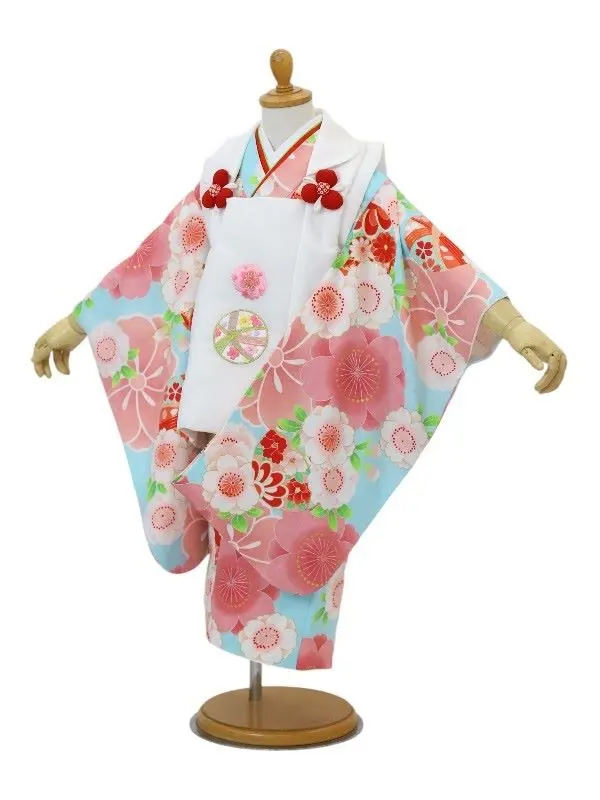 七五三レンタル(3歳女児被布)刺繍・鞠に桜/白×鞠に桜づくし/水色