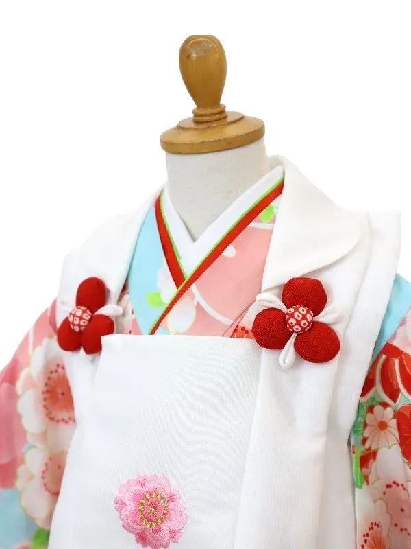 七五三レンタル(3歳女児被布)刺繍・鞠に桜/白×鞠に桜づくし/水色
