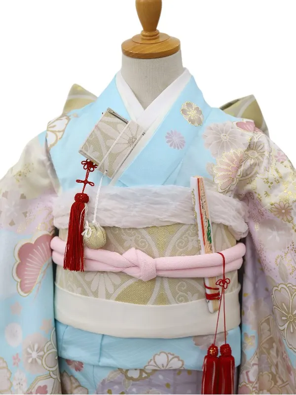 七五三レンタル(7歳女児結び帯)鹿の子花尽くし/水色