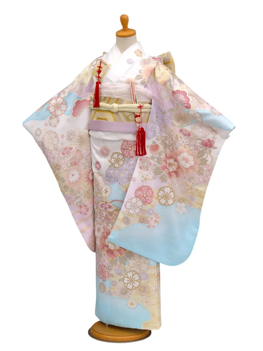 七五三レンタル(7歳女児結び帯)鹿の子花尽くし/白×水色