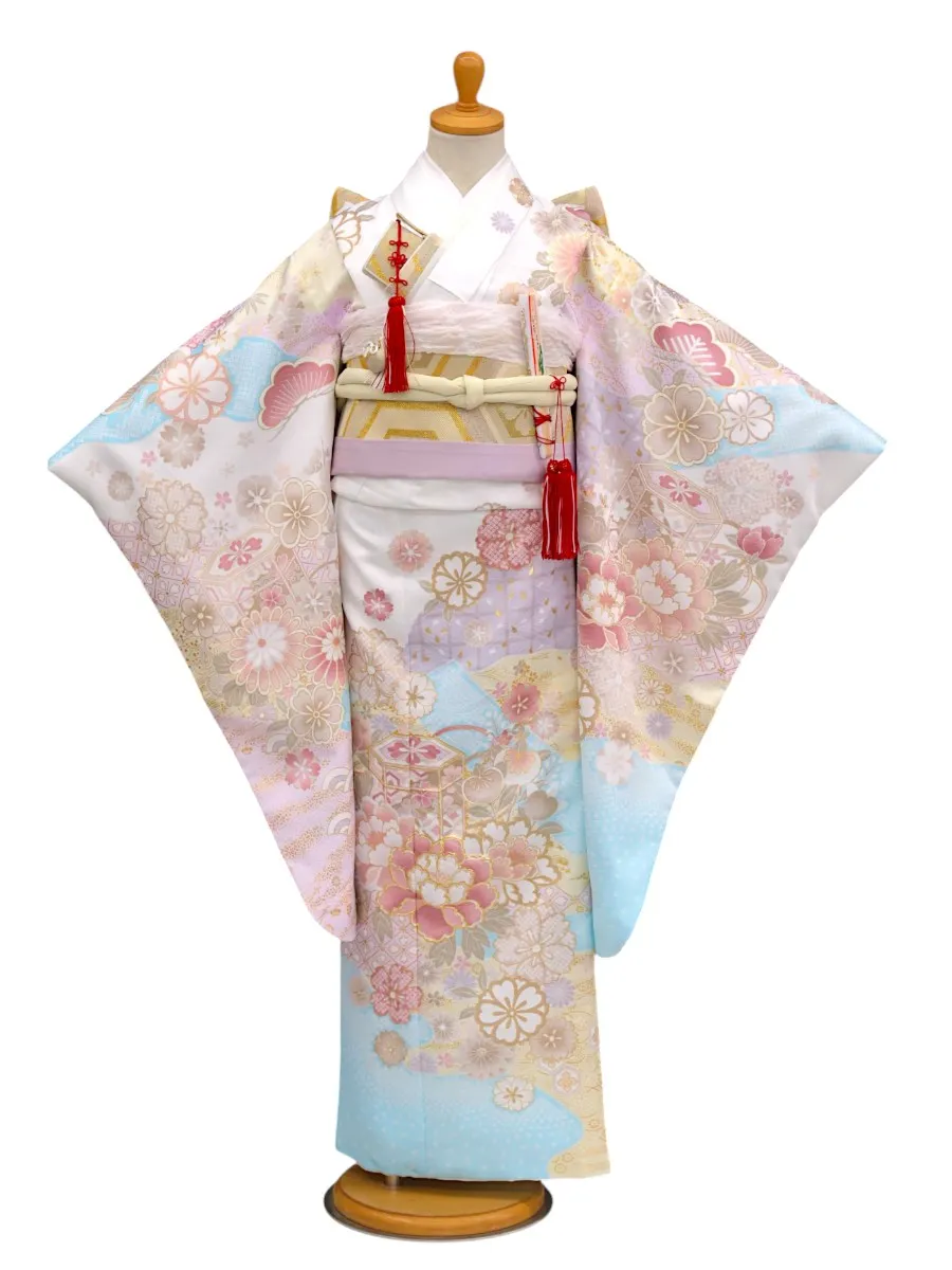 七五三レンタル(7歳女児結び帯)鹿の子花尽くし/白×水色