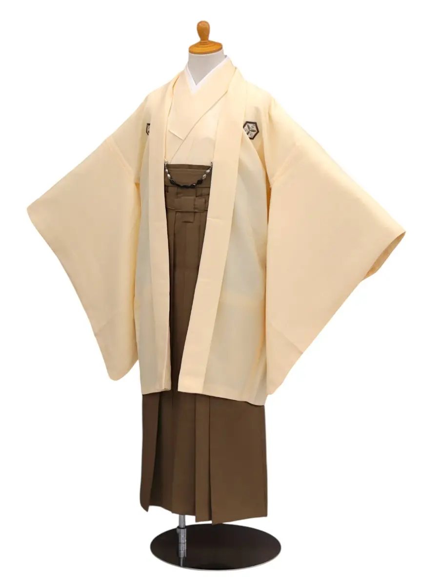 小学生卒業式かんたん袴(男の子)ママも安心　0008刺繍紋入り/クリーム×茶袴