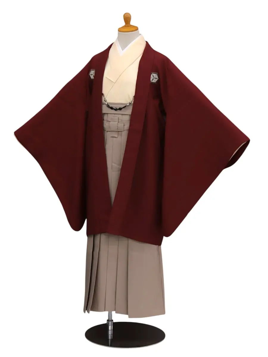 小学生卒業式かんたん袴(男の子)ママも安心　0011刺繍紋入り/えんじ×薄茶袴