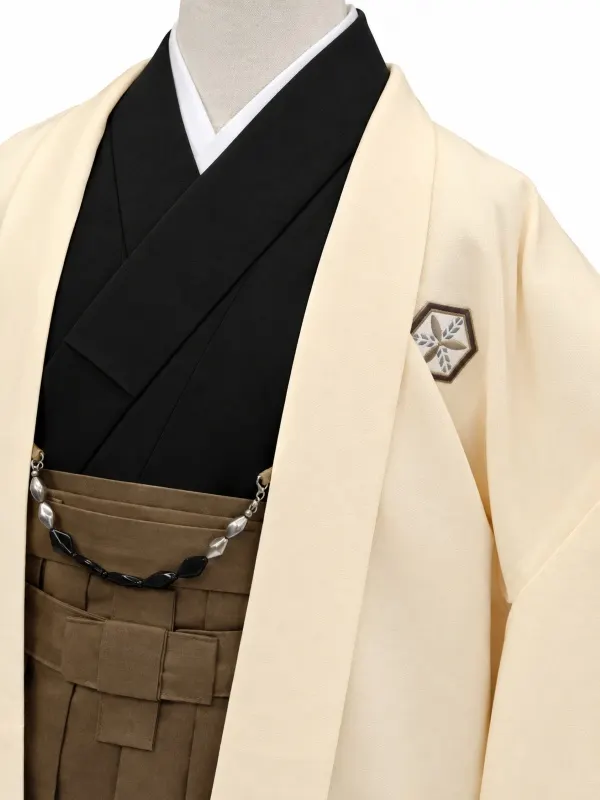 小学生卒業式かんたん袴(男の子)ママも安心　0025刺繍紋入り/クリーム×茶袴