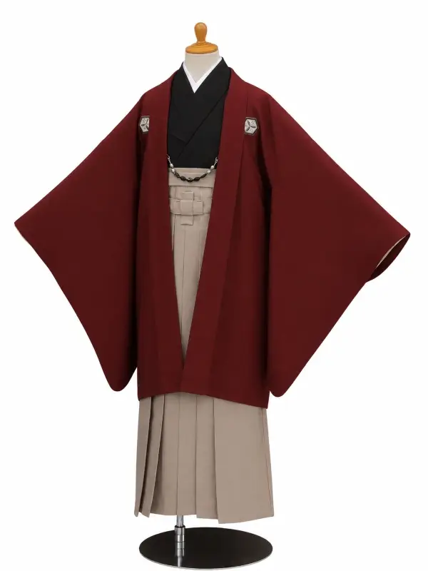 小学生卒業式かんたん袴(男の子)ママも安心　0030刺繍紋入り/えんじ×薄茶袴