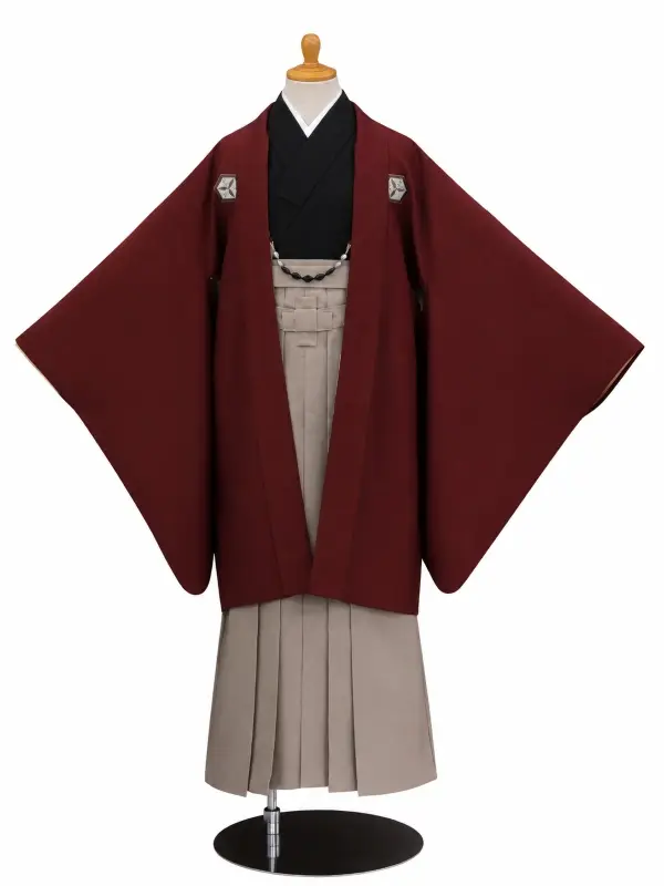 小学生卒業式かんたん袴(男の子)ママも安心　0030刺繍紋入り/えんじ×薄茶袴