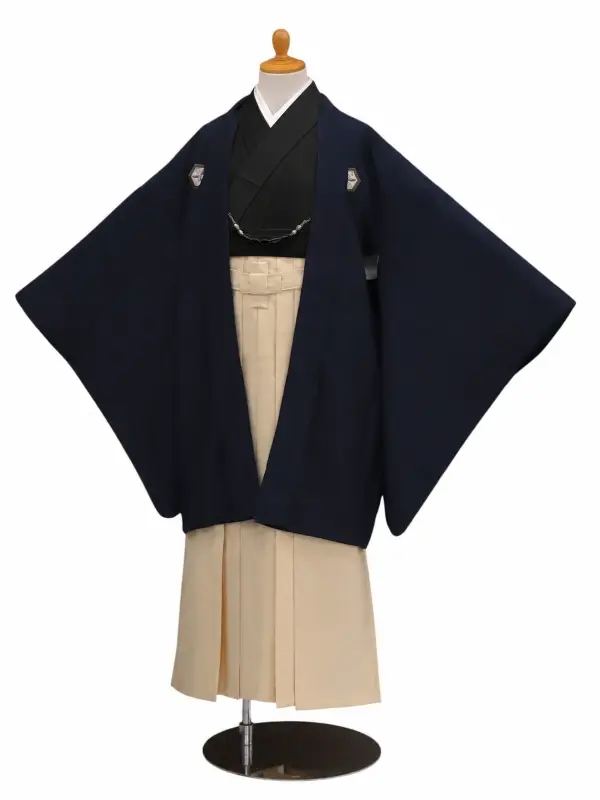 小学生卒業式かんたん袴(男の子)ママも安心　0035刺繍紋入り/紺×クリーム袴