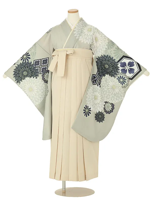 【ママも安心　小卒女児袴かんたん着付け】本格柄付け　花に菱紋・ベージュ×オフ