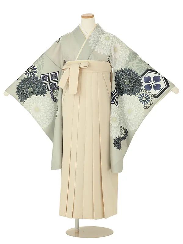 【ママも安心　小卒女児袴かんたん着付け】本格柄付け　花に菱紋・ベージュ×オフ