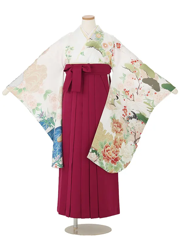 【ママも安心　小卒女児袴かんたん着付け】本格柄付け　流水に桜　花菖蒲・白×えんじ