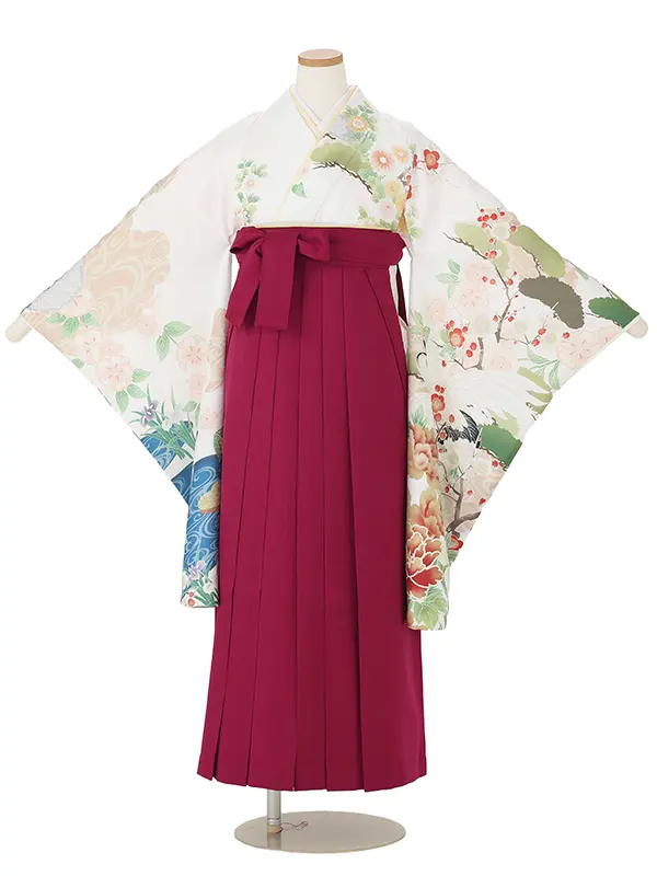 【ママも安心　小卒女児袴かんたん着付け】本格柄付け　流水に桜　花菖蒲・白×えんじ