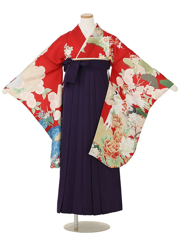 【ママも安心　小卒女児袴かんたん着付け】本格柄付け　流水に桜　花菖蒲・赤×紫