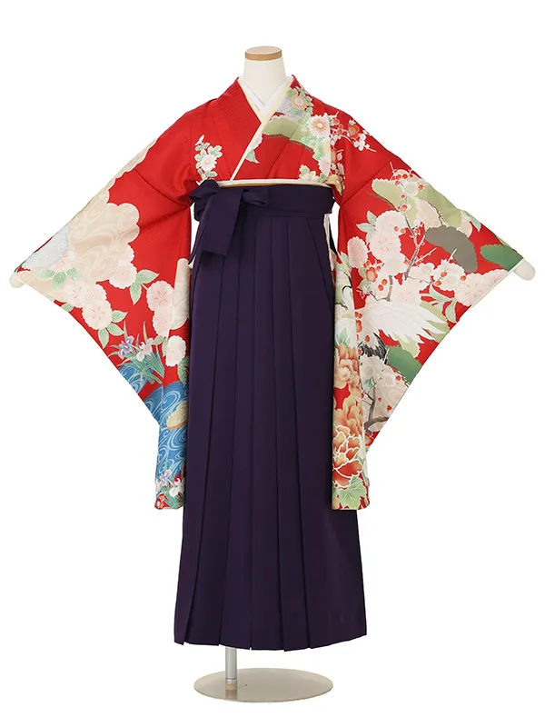 【ママも安心　小卒女児袴かんたん着付け】本格柄付け　流水に桜　花菖蒲・赤×紫