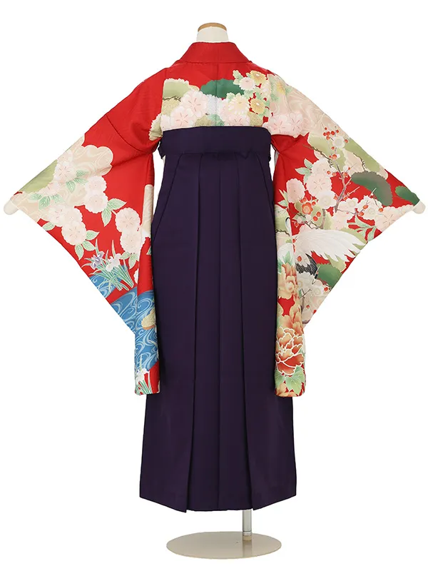 【ママも安心　小卒女児袴かんたん着付け】本格柄付け　流水に桜　花菖蒲・赤×紫