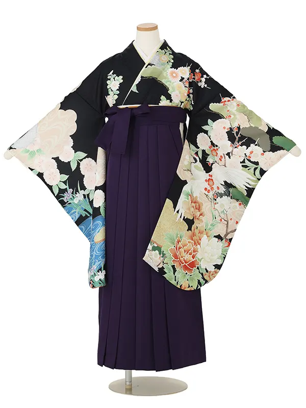 【ママも安心　小卒女児袴かんたん着付け】本格柄付け　流水に桜　花菖蒲・黒×紫