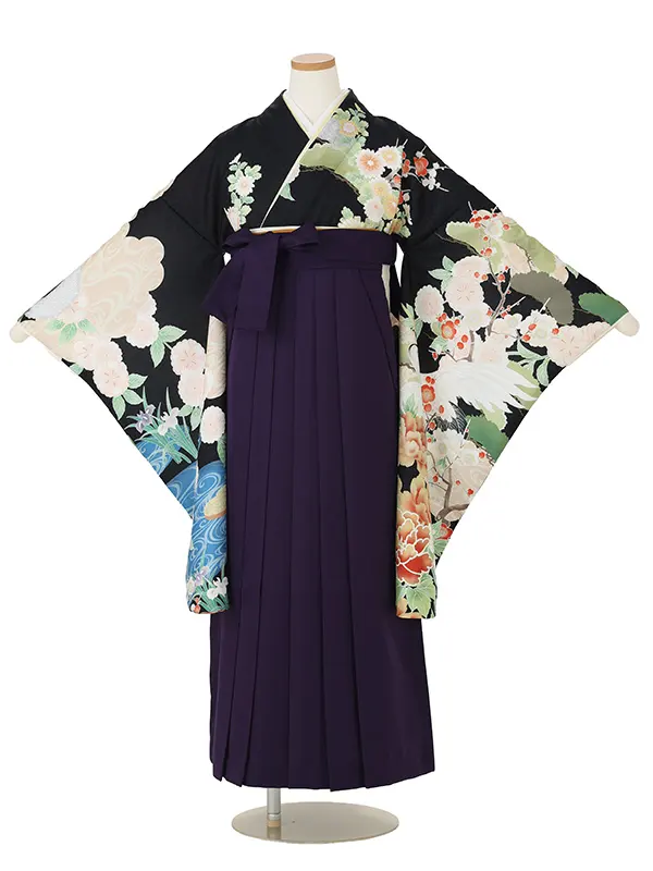 【ママも安心　小卒女児袴かんたん着付け】本格柄付け　流水に桜　花菖蒲・黒×紫