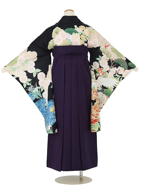 【ママも安心　小卒女児袴かんたん着付け】本格柄付け　流水に桜　花菖蒲・黒×紫