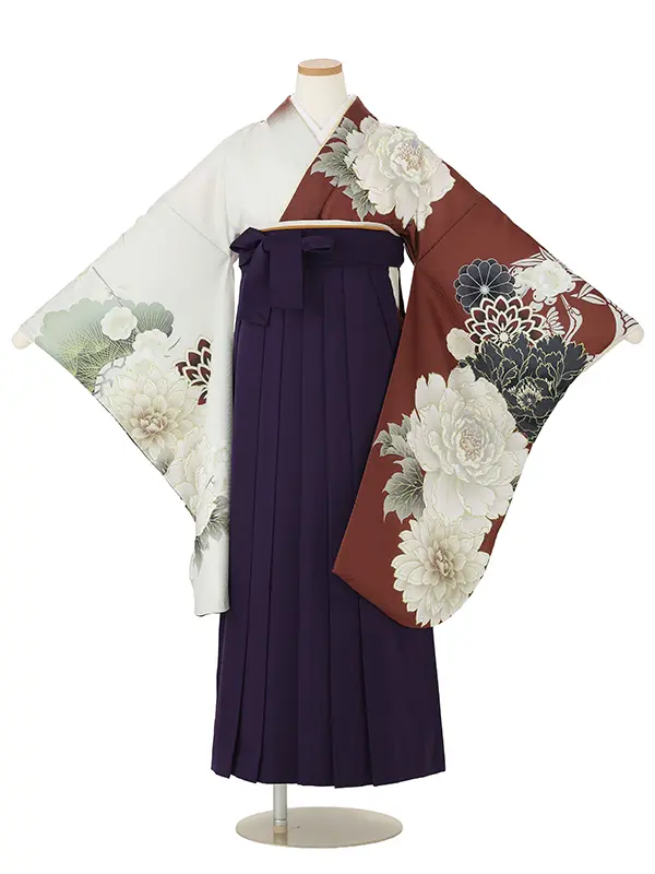 【ママも安心　小卒女児袴かんたん着付け】本格柄付け　牡丹に松・オフ×茶/紫