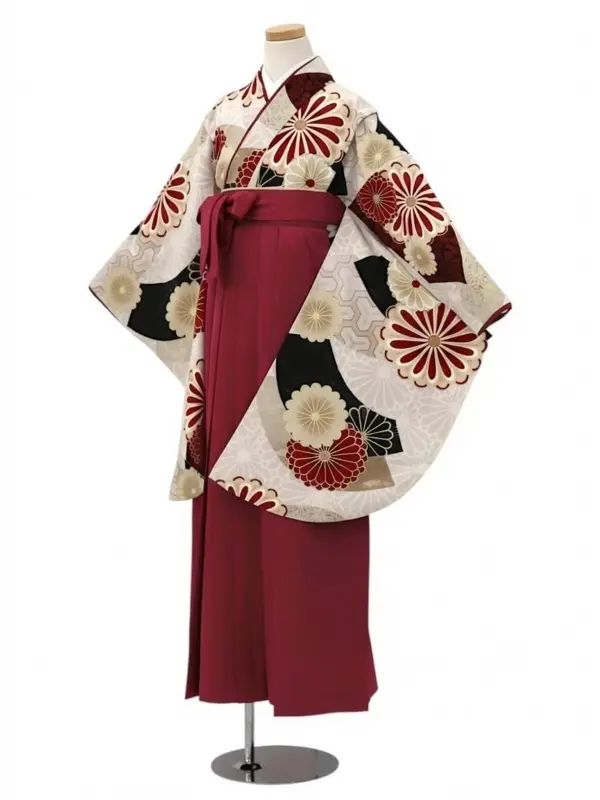 【ママも安心　小卒女児袴かんたん着付け】扇面と菊・ベージュ×えんじ