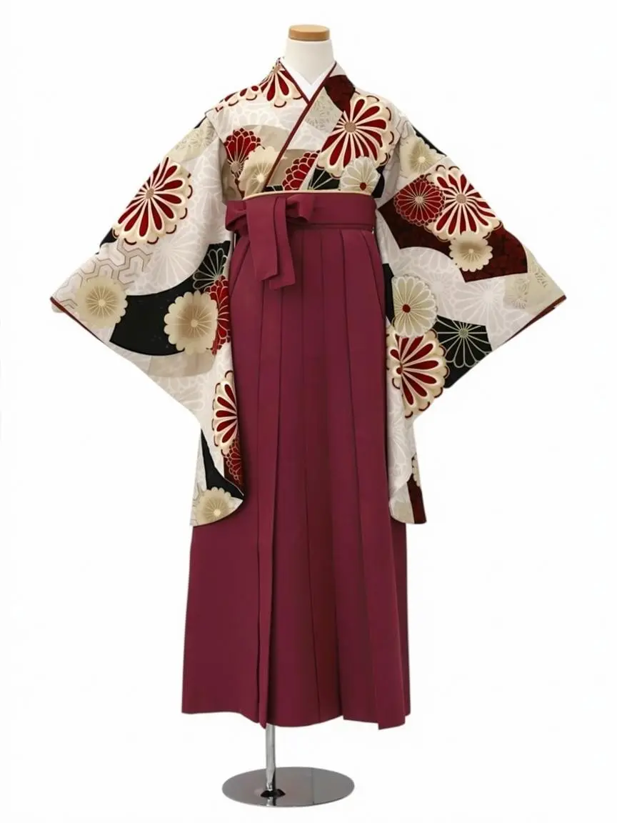 【ママも安心　小卒女児袴かんたん着付け】扇面と菊・ベージュ×えんじ