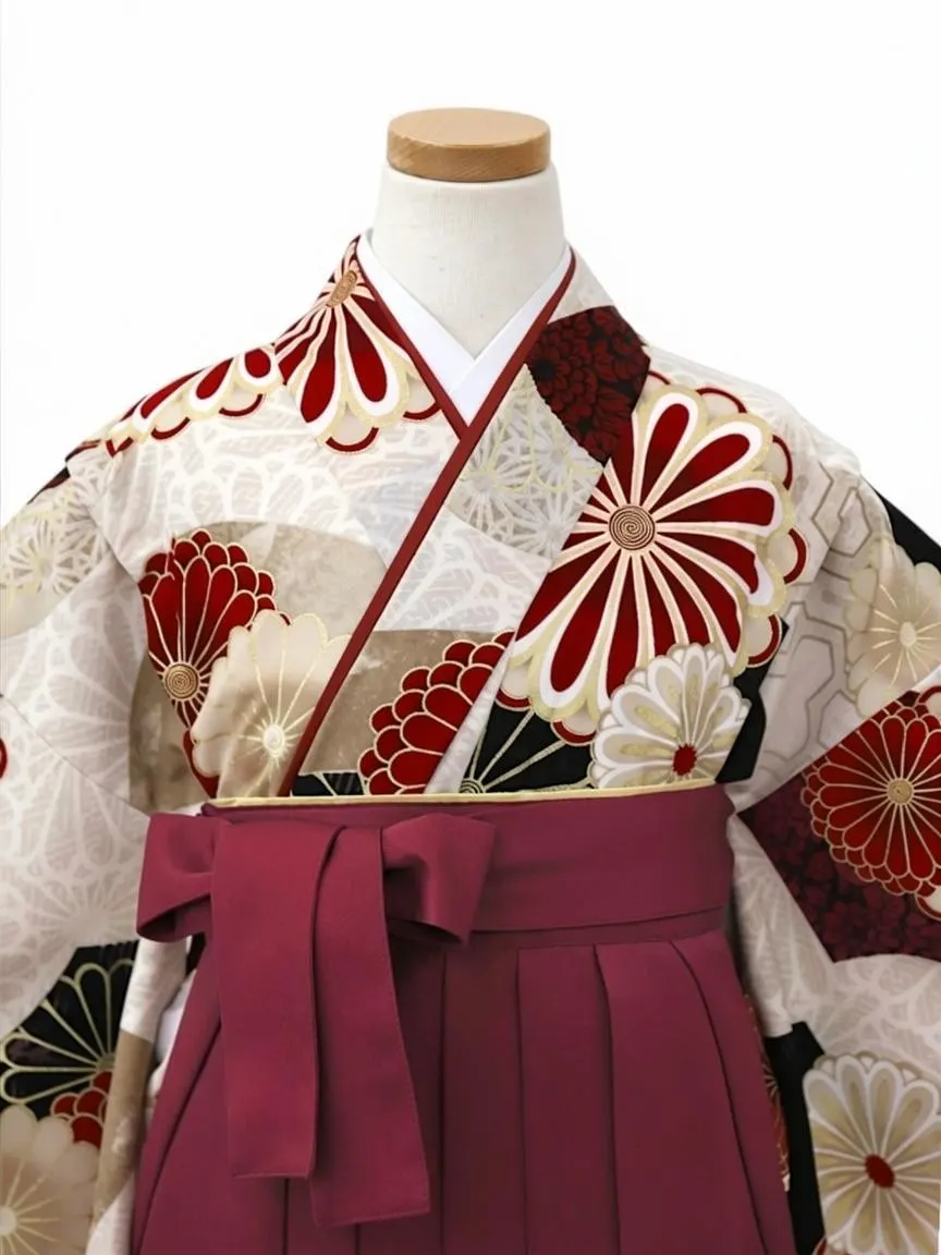 【ママも安心　小卒女児袴かんたん着付け】扇面と菊・ベージュ×えんじ