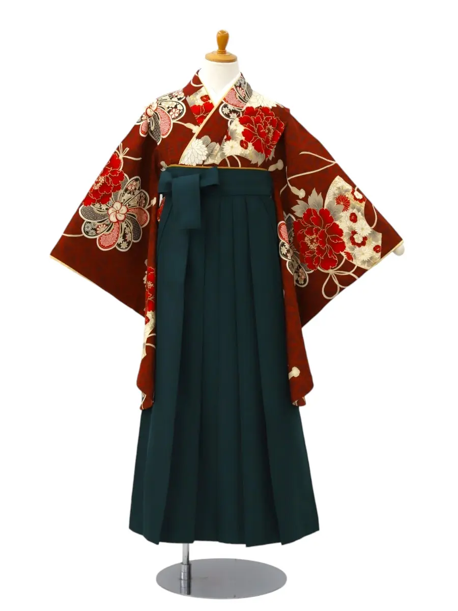 【ママも安心　小卒女児袴かんたん着付け】扇面に牡丹×緑