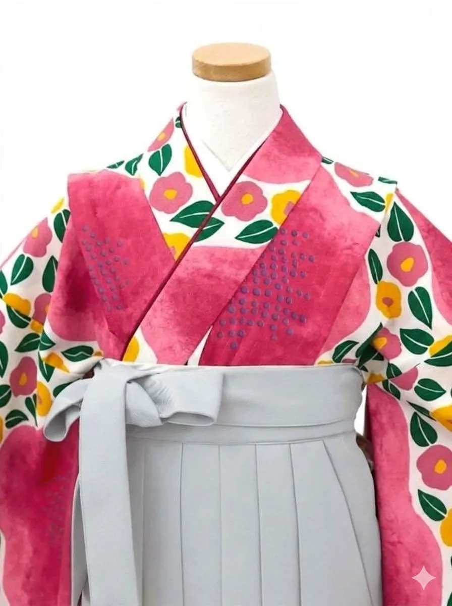 【ママも安心　小卒女児袴かんたん着付け】大梅に椿・ピンク×グレー