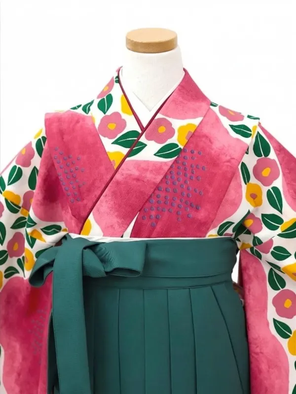 【ママも安心　小卒女児袴かんたん着付け】大梅に椿・ピンク×緑