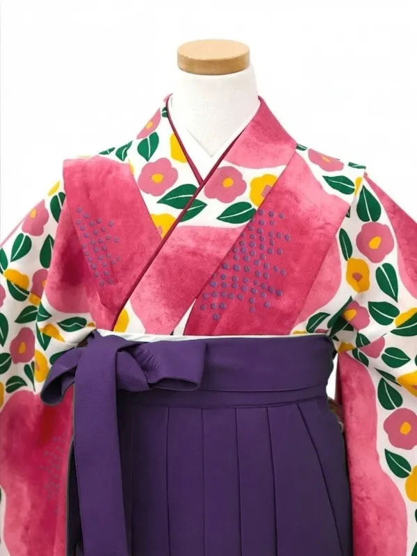 【ママも安心　小卒女児袴かんたん着付け】大梅に椿・ピンク×紫