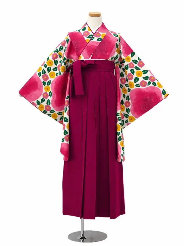 【ママも安心　小卒女児袴かんたん着付け】大梅に椿・ピンク×ピンク