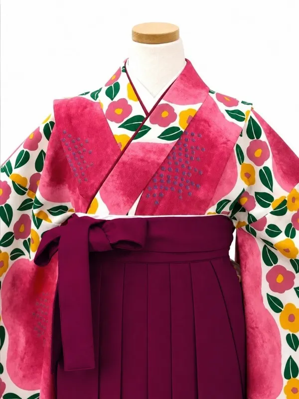 【ママも安心　小卒女児袴かんたん着付け】大梅に椿・ピンク×ピンク