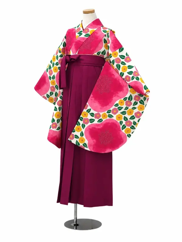 【ママも安心　小卒女児袴かんたん着付け】大梅に椿・ピンク×ピンク