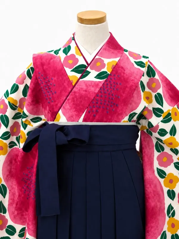 【ママも安心　小卒女児袴かんたん着付け】大梅に椿・ピンク×紺