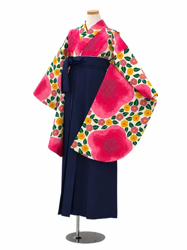 【ママも安心　小卒女児袴かんたん着付け】大梅に椿・ピンク×紺