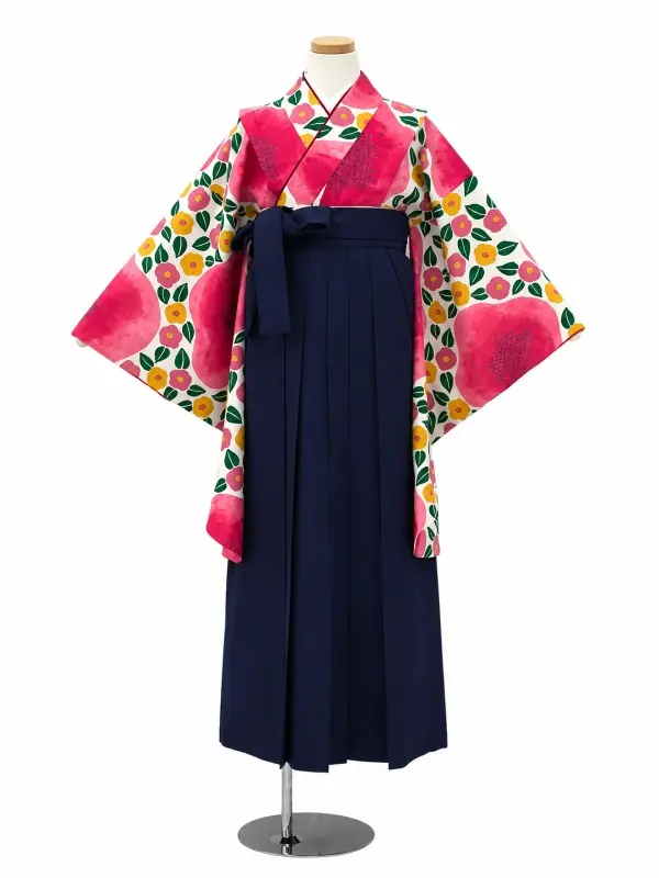 【ママも安心　小卒女児袴かんたん着付け】大梅に椿・ピンク×紺