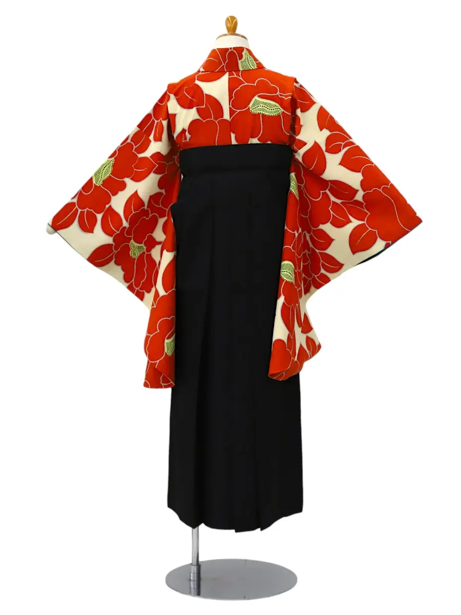 【ママも安心　小卒女児袴かんたん着付け】椿・オレンジ×黒