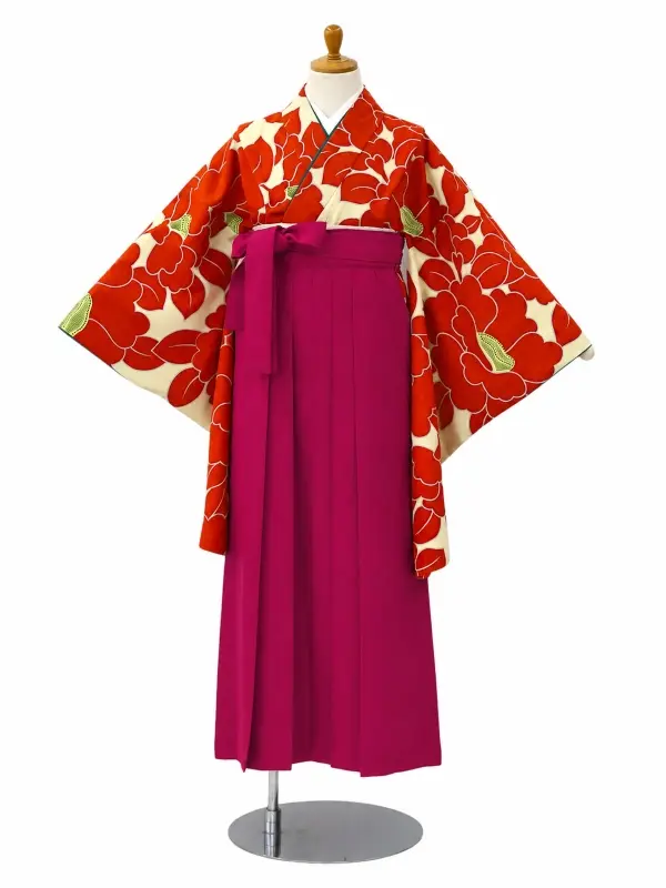 【ママも安心　小卒女児袴かんたん着付け】椿・オレンジ×ピンク