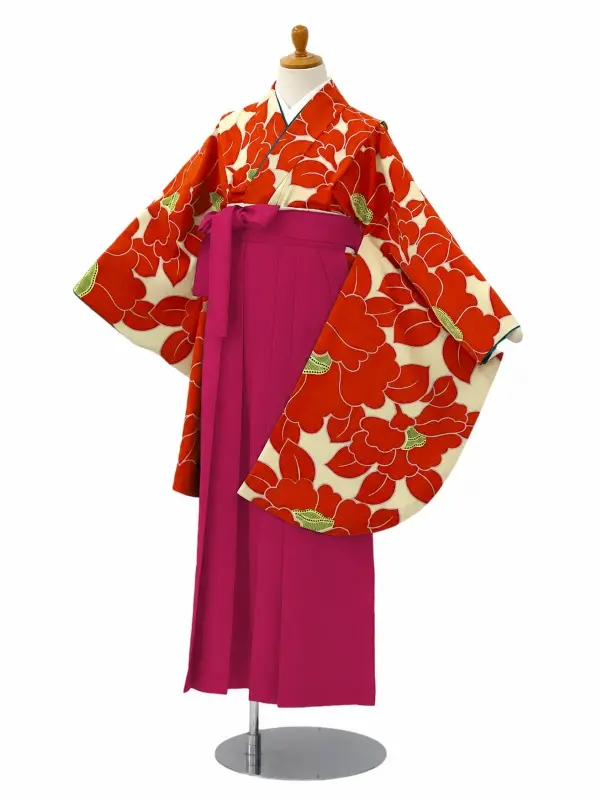 【ママも安心　小卒女児袴かんたん着付け】椿・オレンジ×ピンク