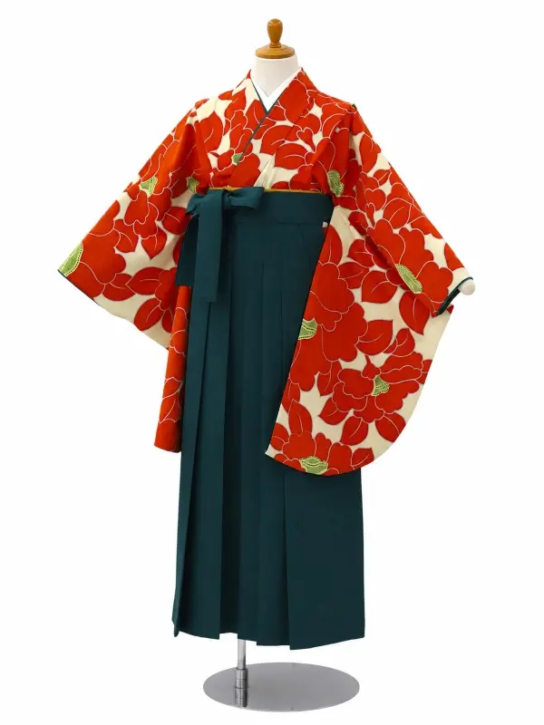 【ママも安心　小卒女児袴かんたん着付け】椿・オレンジ×緑