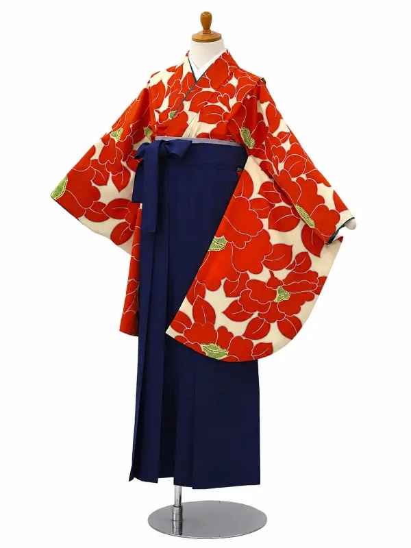【ママも安心　小卒女児袴かんたん着付け】椿・オレンジ×紺