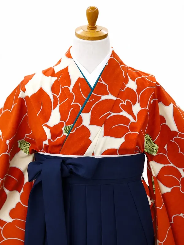 【ママも安心　小卒女児袴かんたん着付け】椿・オレンジ×紺