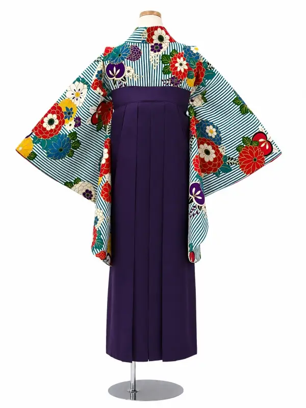 【ママも安心　小卒女児袴かんたん着付け】縞に万寿菊・ターコイズ×紫