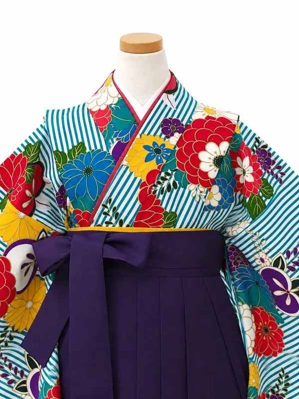 【ママも安心　小卒女児袴かんたん着付け】縞に万寿菊・ターコイズ×紫