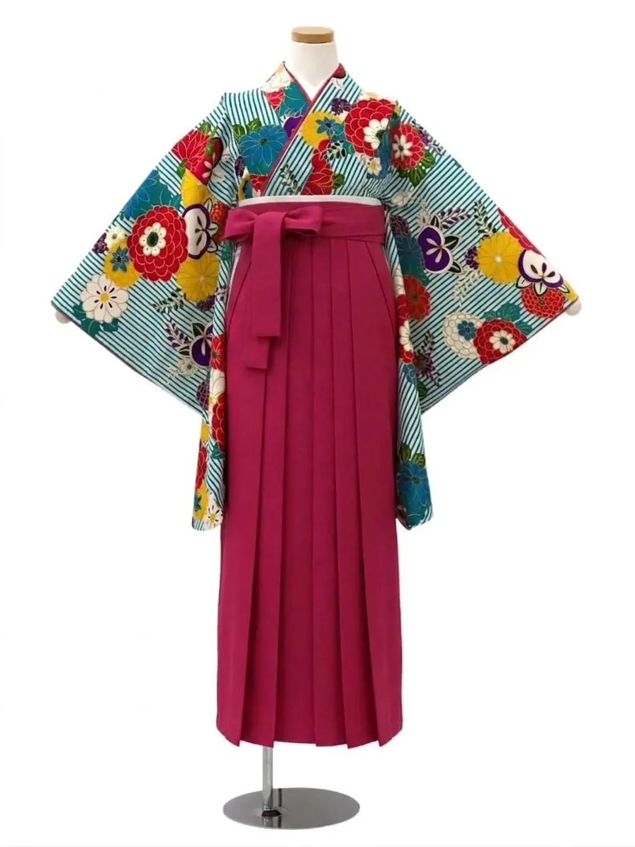 【ママも安心　小卒女児袴かんたん着付け】縞に万寿菊・ターコイズ×ピンク